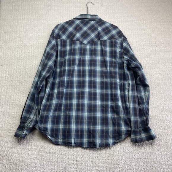 Y2K Guess Mens Blue Plaid Button-Down Long-Sleeve Shirt Metal Snap / Zip Size XL - Picture 13 of 16